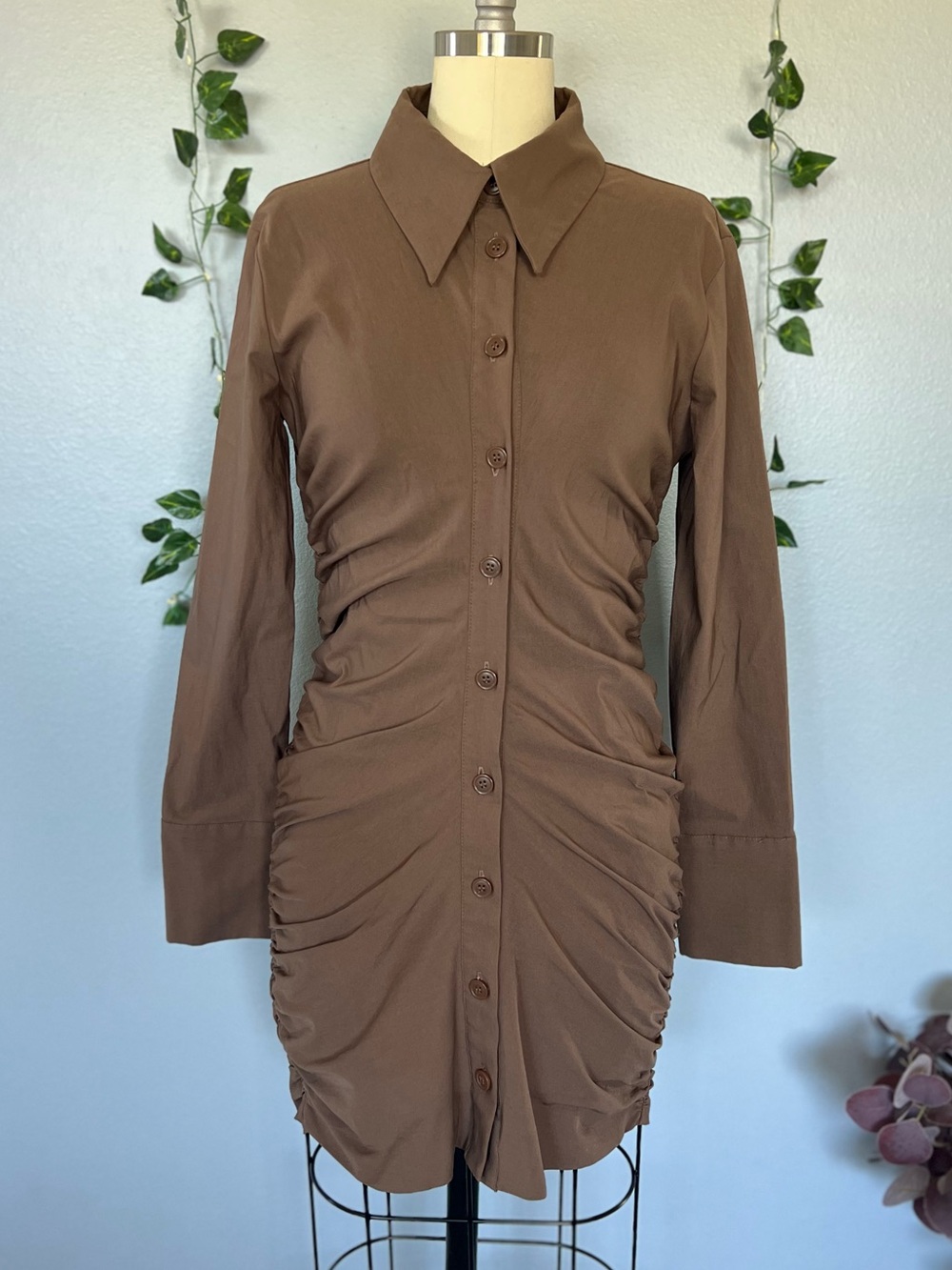 Zara Brown Long-Sleeve Ruched Button Shirt Dress